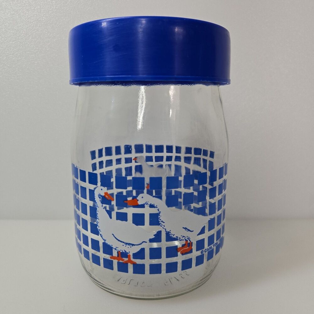 VTG Carlton Goose & Duck Glass Canister Jar with Blue Plastic Lid Country Retro